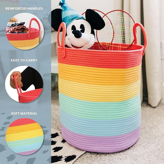 OrganiHaus Large Rainbow Woven Laundry Basket w/Handles 52L, Decorative Toy Storage Bin for Nursery, Colorful Blanket Basket for Playroom, Baby Laundry Hamper, Fun Kids Room Decor Organizer
