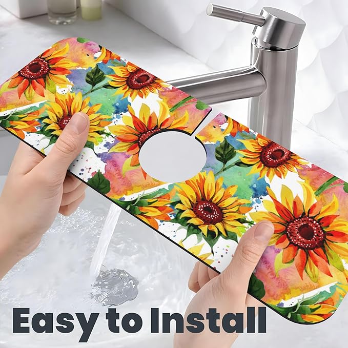 3Pcs Watercolor Sunflower Dish Drying Mat & Kitchen Sink Splash Guard Faucet Mat For Kitchen Counter Absorbent Microfiber Dishes Pad Dish Drainer Rack Mats Fast Dry Kitchen Accessories