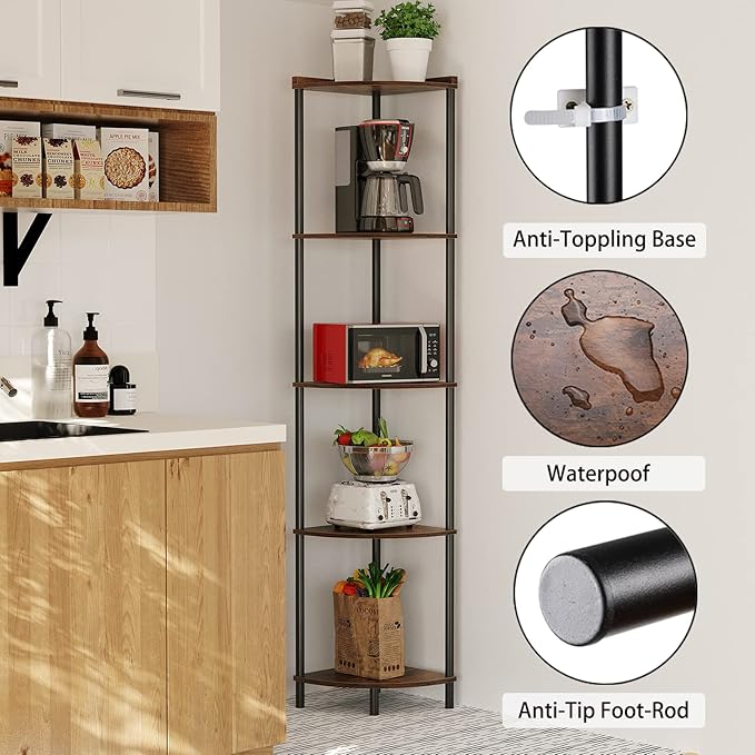 SUNMORY 5 Tier Corner Shelf Stand,Industrial 65" Corner Shelves Display Shelf for Living Room Decor,Wall Corner Bookshelf Multi Unit Organizer,Tall Shelf Plant Stand for Bedroom,Bathroom,Small Space