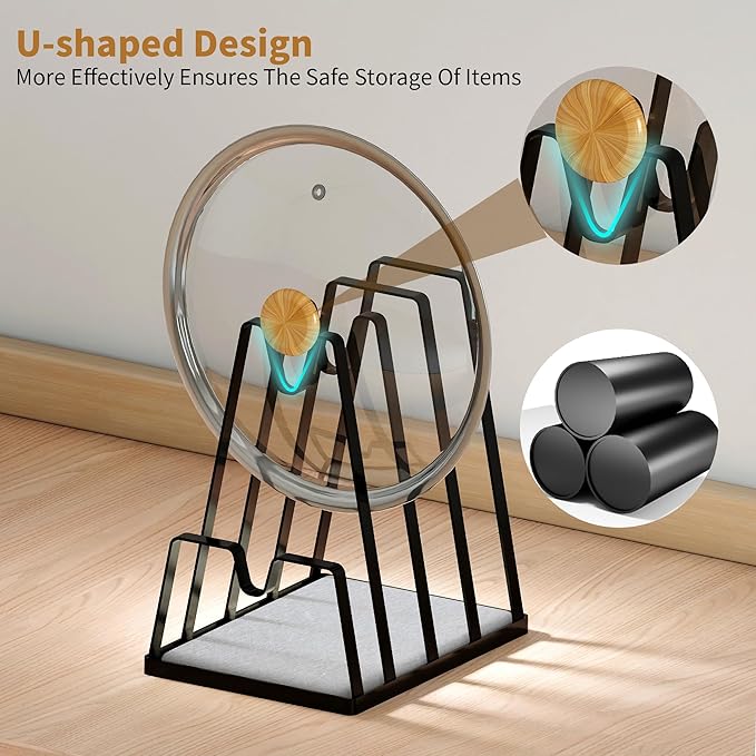 YIGII Pot Lid Holder with Fast Drying Stone - Multifunctional Cutting Board & Pan Lid Organizer, Spoon Rest, Utensil Holder for Kitchen Countertop, Black Storage Rack for Stove Top