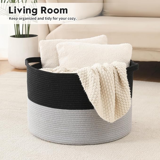 Foldable Laundry Hamper Basket with Collapsible Handle Cotton Rope Soft Woven Fabric Storage Organizer Clothes Toys Nursery Bedroom Dorm Space Saving Bin (Black & Grey, 115L(23.6"D x 15.7"H))
