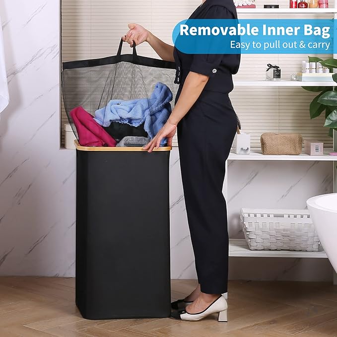 efluky 100L Laundry Basket with Lid and Net Bag, Tall Laundry Hamper with Bamboo Handles, Aesthetic Dirty Clothes Bin for Laundry Room, Bathroom, Bedroom and Dorm, Black