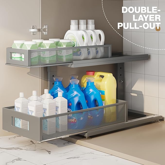 Corbyles 2 Pack 18.5IN-Depth Under Sink Organizer With Next-Gen Ball-Bearing Slides,2-Tier Pull Out Cabinet Storage,Height Adjustable Drawer Shelf for Bathroom,Kitchen,Laundry,Cabinet,Pantry-Gun Gray