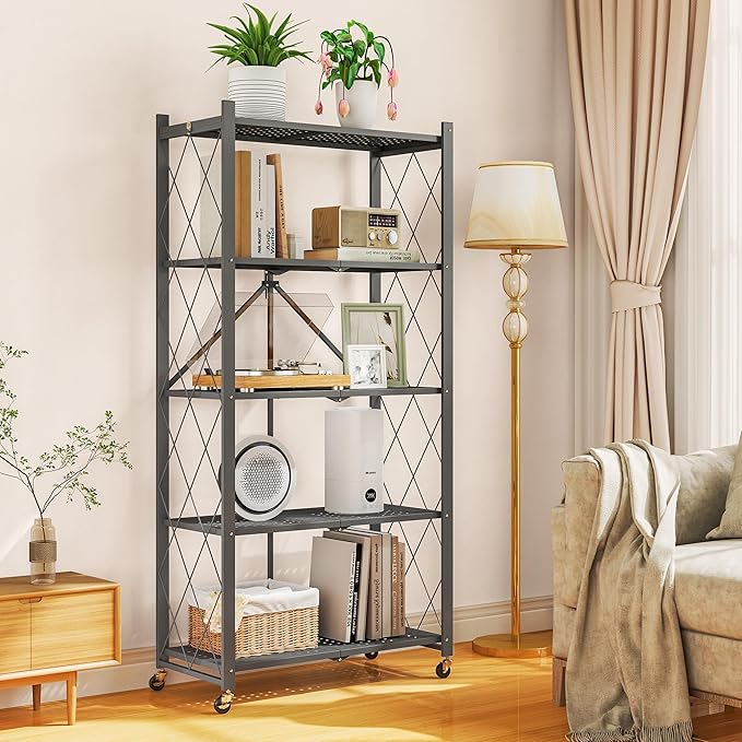 5-Tier Folding Metal Storage Shelf with Wheels, Heavy Duty Organizer Rack Holds 750 lbs, No Assembly Utility Shelving for Kitchen, Garage, Pantry, Living Room, Office (New Upgrade - Gray, 5 Tier)