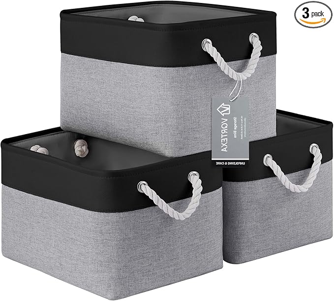 Large Storage Baskets- 15x11x10 inch Storage Bins for Shelves and Closet Organizing, Foldable Fabric Bin for Home Organization Clothes and Laundry (3-Pack, Black&Gray)