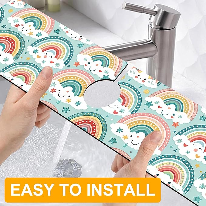 2 Pack Cute Rainbow Sink Splash Guard Faucet Mat Boho Rainbow Butterfly Super Absorbent Fast Drying Mat Sink Gadgets-Splash Guard Behind Faucet Drip Catcher for Kitchen Bathroom, 23.5"x5.5"