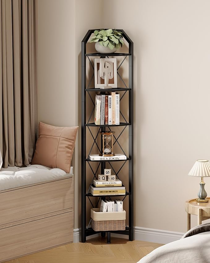 6-Tier Corner Shelf, Industrial Corner Bookshelf, 71.2" Display Storage Stand, Plant Stand Display Shelf, Tall Bookcase for Bedroom, Living Room, Home Office, Black TCJ11BB