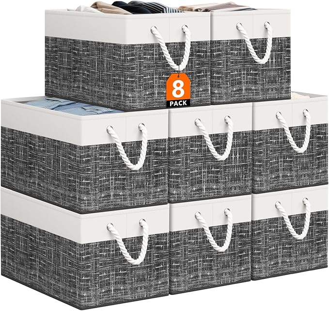 Storage Bin,Collapsible Storage Basket For Organizing,Large Storage Boxes With Rope Handles,Storage Containers,White & Black,8 Pack