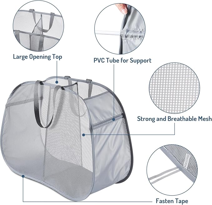 Mesh Popup Laundry Hamper 2 Compartment, Collapsible Laundry Sorter Basket Foldable Hamper for Clothes, College Dorm, Travel (Gray)