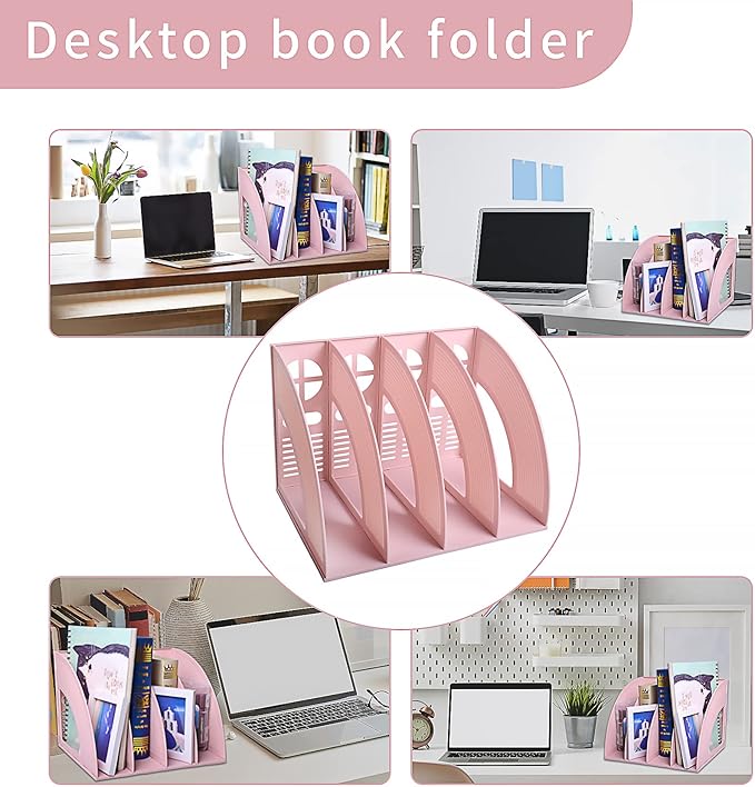SAYEEC Sturdy Magazine Holder 4 Compartments Plastic Desktop File Organizer File Dividers Office Organizer Storage Document Magaizne Rack Display Box (Pink)