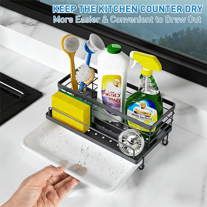 Cisily Gray Sponge Holder for Kitchen, Sink Caddy Sink Organizer Rack for Kitchen Accessories with Drip Tray, Rustproof and Non-slip, Soap Dispenser Countertop Organizer Essentials for New Home