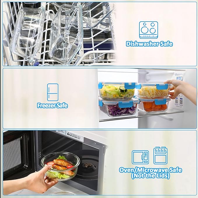 M MCIRCO 30 Pieces Glass Food Storage Containers with Upgraded Snap Locking Lids,Glass Meal Prep Containers Set - Airtight Lunch Containers, Microwave, Oven, Freezer and Dishwasher Friendly, Blue