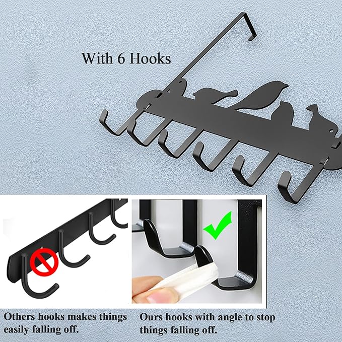 Over The Door Hook Heavy Duty Over Door Hanger Hanging Towel Organizer, 6 Hook Easy Installation Organizer for Towel, Coat, Bag, Robe - Living Room, Cloakroom, Bathroom Bird Pattern Cute Hooks