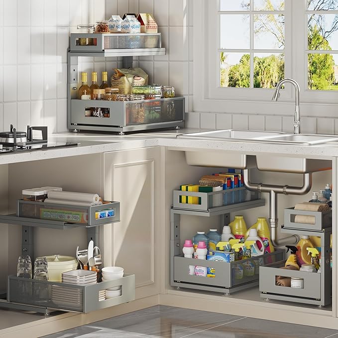 Corbyles 2 Pack 15.74IN-Depth Under Sink Organizer With Next-Gen Ball-Bearing Slides,2-Tier Pull Out Cabinet Storage,Height Adjustable Drawer Shelf for Bathroom,Kitchen,Laundry,Cabinet,Pantry-Gun Gray