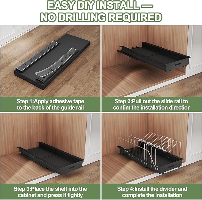 Expandable Pots and Pans Organizer Under Cabinet, Sliding Pot Lid Holder and Pan Rack in Kitchen,Pull Out Pan Organizers with 10 Adjustable Dividers, Slide Out Cookware Organizer for Kitchen Storage