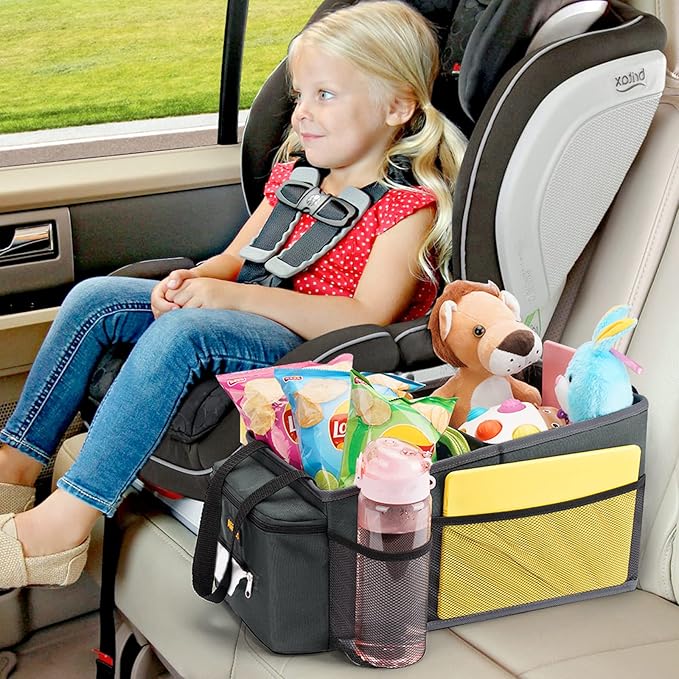 Car Back Seat Organizer - Road Trip Essentials Kids, Automotive Organization Car Accessories for Women Men Interior with Cup Holders, Tissue Box, Mesh Pockets, Grey