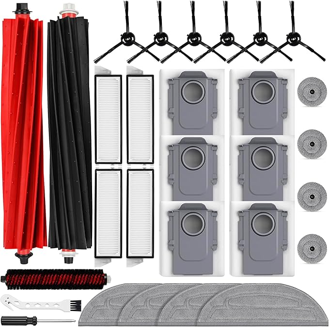 29PCS Accessories Kit for Roborock S8 Max/MaxV Ultra Robot Vacuum, 2 Main Brushes, 6 Dust Bags, 4 Mop Cloths, 4 Edge Mop Cloths, 4 Filters, 6 Side Brushes, 1 Self-Main Brush, 2 Tools
