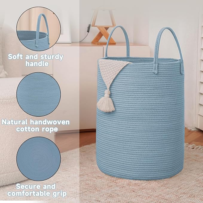 Large Woven Laundry Basket Hamper,80L Cotton Rope Storage Bin for Blankets,Toys and Clothes,Decorative Tall Nursery Hamper for Living Room,Baby Nursery,Bathroom and Bedroom,Blue