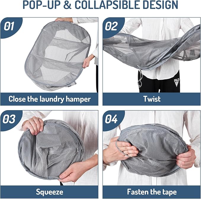 Mesh Popup Laundry Hamper 3 Compartment Sortable Horizontal Collapsible Laundry Basket for Clothes Laundry Room Bedroom Toys Travel (Gray)