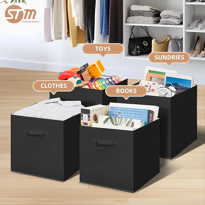STORAGE MANIAC Storage Cubes, 13 Inch Collapsible Storage Bins with Handles, 6 Pack Fabric Foldable Bins for Organization, Durable Storage Bins for Closet, Shelves, Offices, Toys, 6-Pack Black