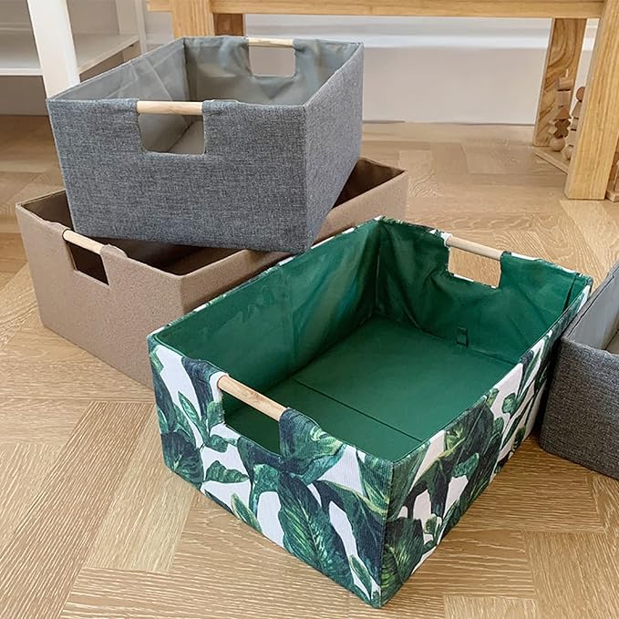 Storage Bin for Shelves Rectangle Closet Baskets Foldable Box with Handles Khaki Baskets Toy Boxes for Home Office Car Dormroom