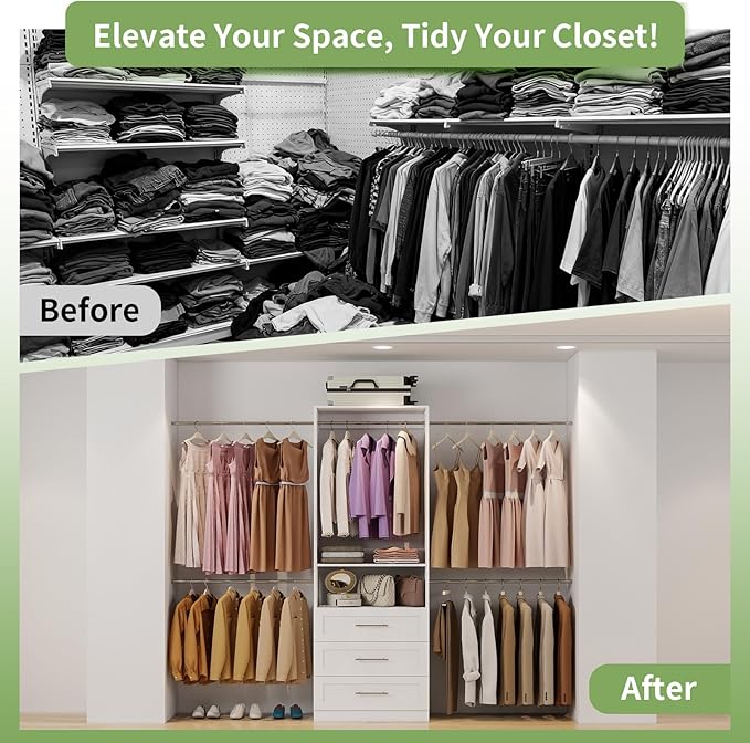 Closet System with 3 Drawers, 4–8.5 Ft Closet Organizer System with 5 Adjustable Hanging Rods & Shelves, Wood Walk-In Closet System, Built-In Modular Closet Kit, Sturdy Garment Rack, White