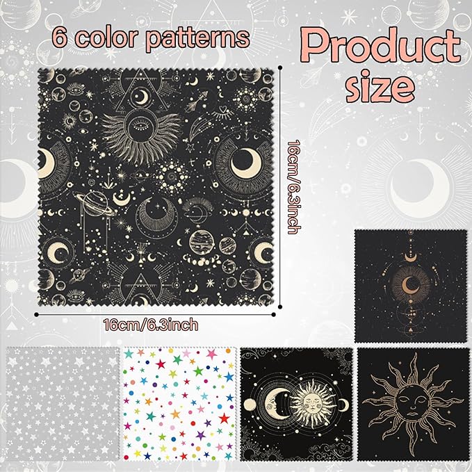 6 PCS Glasses Cleaning Cloth Eyeglass Cleaning Cloth Lens Eyeglasses Microfiber Cute Aesthetic Cloth for Unisex Women Girls Reusable Phone Screens Camera Multi-Patterns(6.3"x6.3")-Sun Moon Star