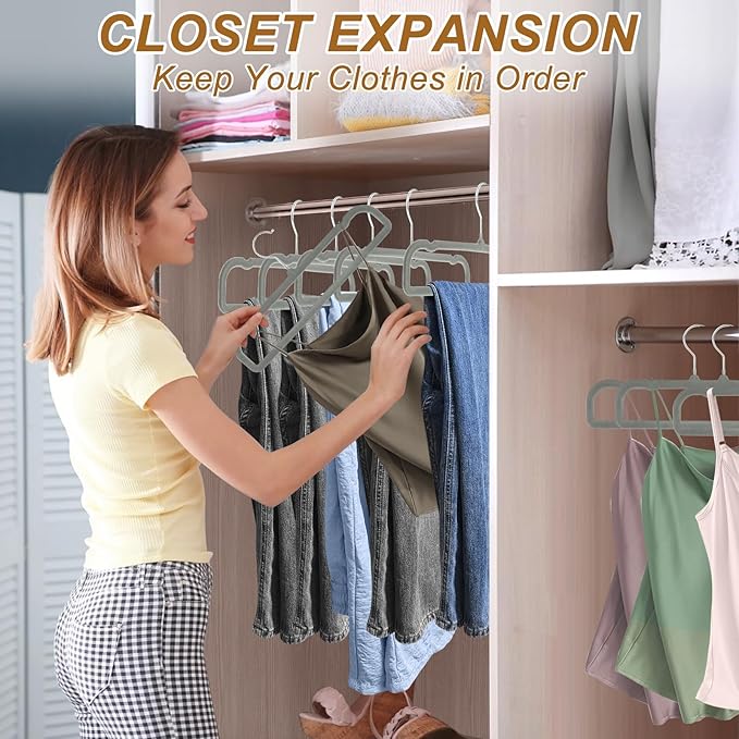 Velvet Pants Hangers Non Slip, 30 Pack Velvet Hangers for Closet with 30 Hooks, Strong Durable Space Saving Slim Clothes Hanger, Ultra Thin Flocked Hanger for Pants, Shirts, Bra, Shorts (Grey)