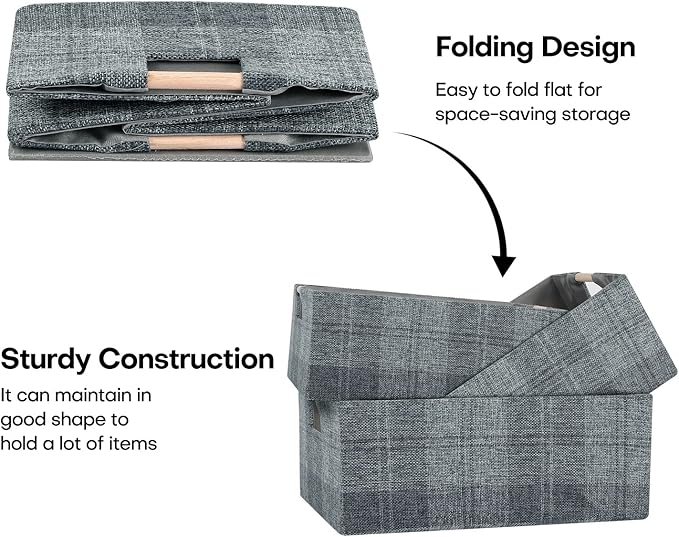 Fabric Storage Bin Box Collapsible Cotton Linen Storage Cube with Wooden Handles Rectangular Decorative Home Organizer Clothes Blanket Basket– Dark Gray Plaid, Medium