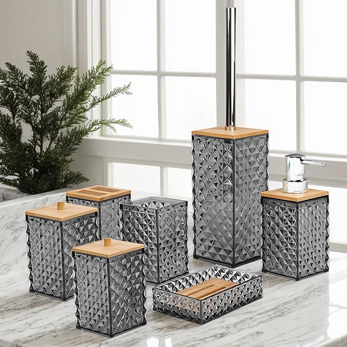 Bathroom Accessory Set,7 Pcs Gray Bathroom Set Include Soap Dispenser, Qtip Holder Dispenser, Soap Dish,Toilet Brush,Toothbrush Holder & Mouthwash Cup.Boho Bathroom Set