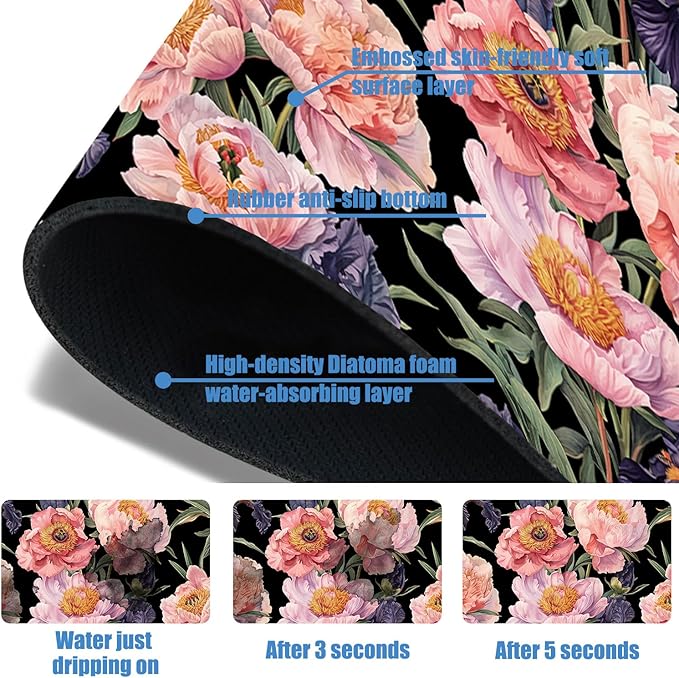 Sink Splash Guard Faucet Mat Peony and Iris Flowers Absorbent Fast Drying Mat Sink Gadgets Splash Guard Behind Faucet Drip Catcher for Kitchen Bathroom 15.5"X5.5"