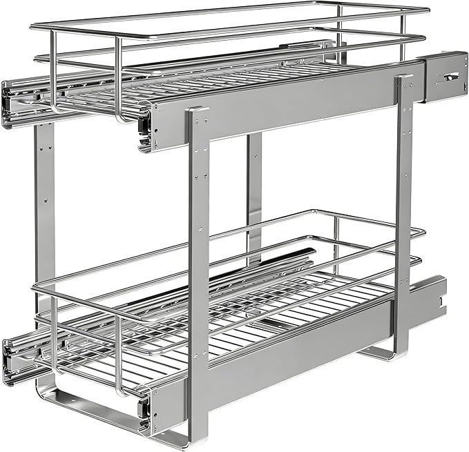 JOWBOOW (8" W x 22" D 2-Tier Narrow Cabinet Pull Out Shelves | Heavy Duty Slide Out Shelves for Kitchen Cabinets, 22 Inch Deep Under Cabinet Organizer, Chrome
