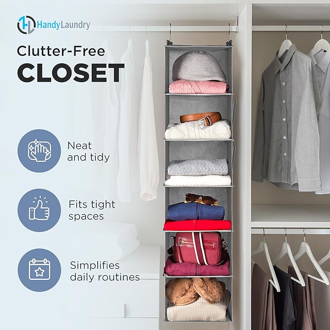 Handy Laundry Hanging Closet Organizer - 6 Shelf Storage for Clothes, Sweaters, Shoes & Accessories - Space-Saving Wardrobe Shelves with Hooks for Dorm, RV & Small Closet Organization (Grey)