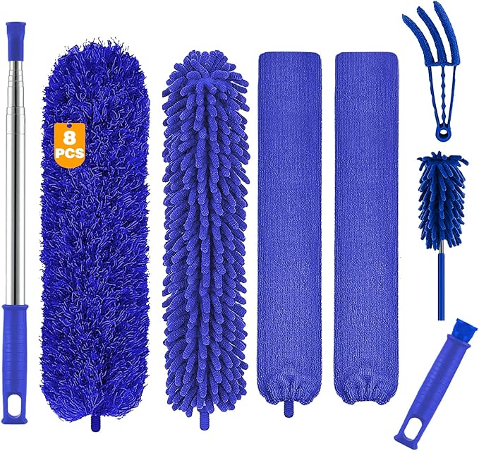 Microfiber Duster, 8PCS Feather Duster with 100 Inch Telescoping Extension Pole, Reusable Bendable Dusters, Washable Lightweight Dusters for Ceilings Fans(2023 UAGRED)