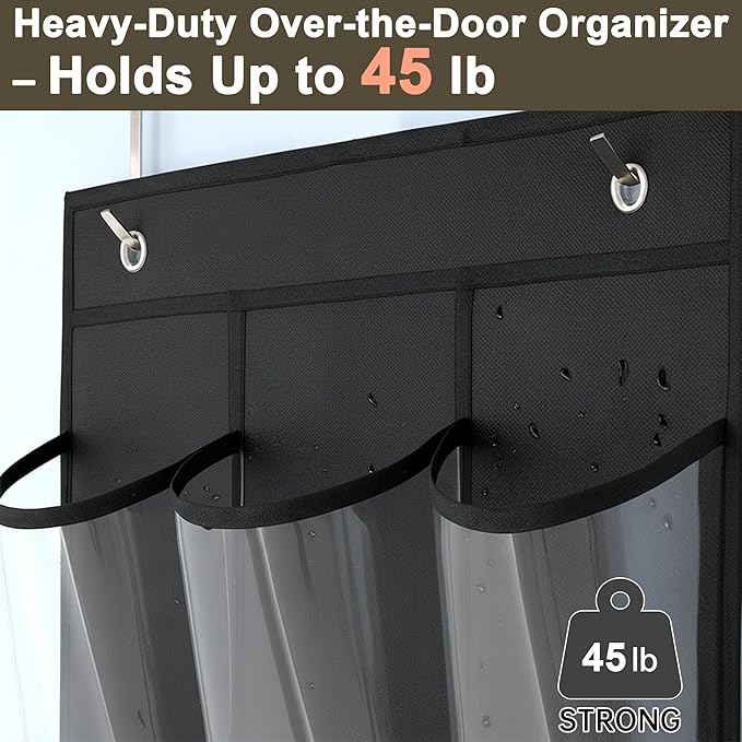 Over The Door Shoe Organizer - Space Saving Shoe Rack for Closet Door with 24 Crystal Clear Pockets and Metal Hooks, Shoe Holder Back of Door Organizers for Shoes, Hanging Shoe Organizer (Black)