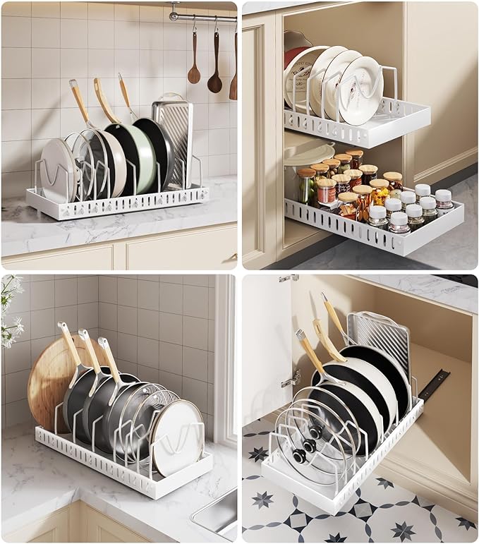 Pull Out Pots and Pans Organizer Under Cabinet, Sliding Lid Holder and Pan Rack in Kitchen, Slide Out inside Cabinet Storage for Pot Lid, Bakeware, Dishes, 8 Adjustable Dividers, 1 Pack White