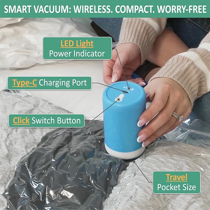 Cozy Essential 35 Pack Vacuum Storage Bags with Portable Rechargeable Wireless Portable Electric Pump, Vacuum Seal Space Saver Bags for Clothing, Pillows, Blanket, Bedding, Comforters