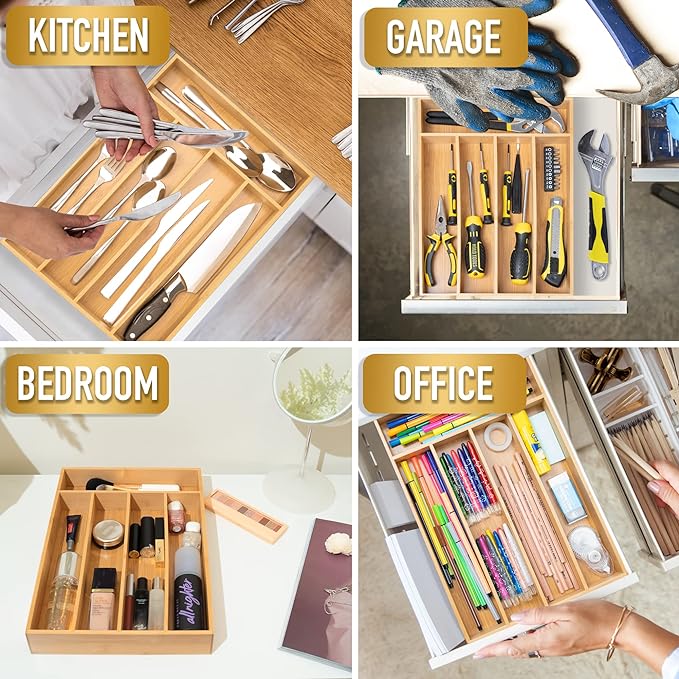 Silverware Organizer Bamboo Kitchen Drawer Organizer Utensil Organizer Silverware Holder Cutlery Organizer in drawer Flatware Organizer Tray (Natural 5 Slots)