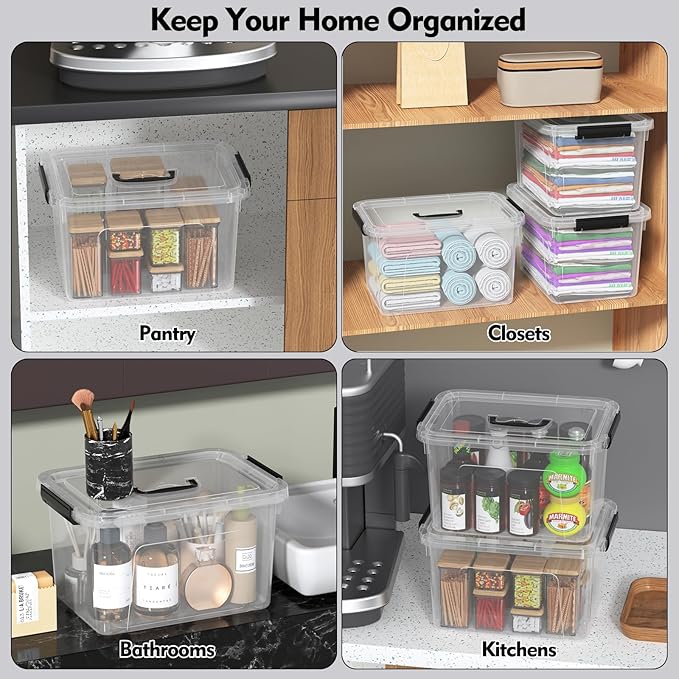 EudokkyNA 10 Liters Clear Boxes with Handles, Plastic Small Storage Tote Bins Set of 6