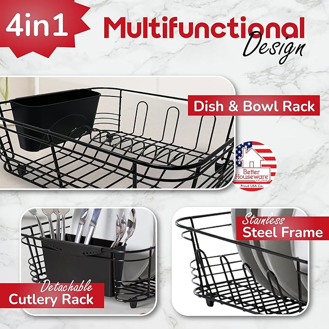 Better Houseware in Sink Dish Drying Rack, Dish Drying Rack in Sink with Non-Slip Handles, Stainless Steel Space-Saving Design, 2-Piece Set with Utensil Holder, 14.5 x 13 x 5 Inch, Black