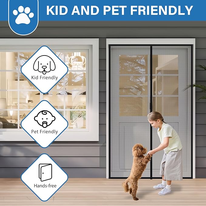 Upgraded PET Mesh Magnetic Screen Door Stronger Than Fiberglass and Polyester,Hands Free,Keep Bugs Out,Pet & Kid Friendly,Suitable for Sliding Doors,Patio and French Doors-72" X 96"