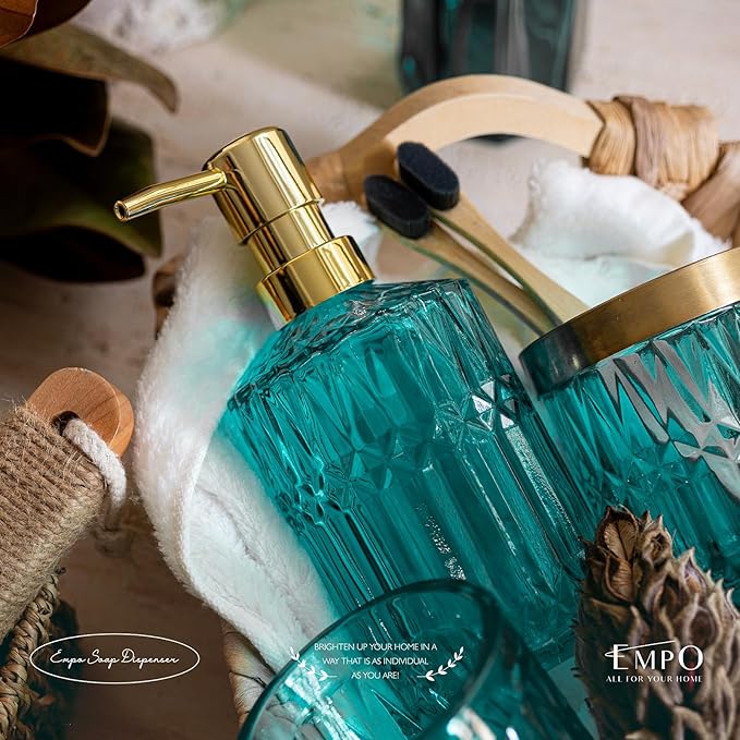EMPO Clear Glass Soap Dispenser with ABS Plastic Pump, Crystal Lotion Dispensers for Kitchen Sink, Bathroom (Ocean Teal)