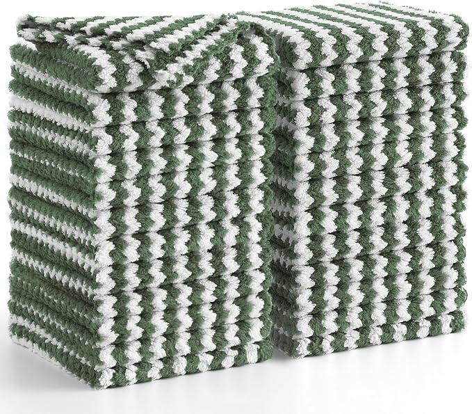 Homaxy 24 Pack Kitchen Dish Cloths, Ultra Soft and Absorbent Dish Towels, Reusable Fast Drying Microfiber Cleaning Cloth, Coral Velvet Wave Design No-lint, 10 x 10 inches, Grass Green