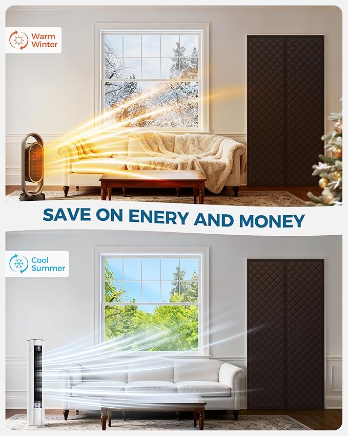 Magnetic Thermal Insulated Door Curtain Fits Door Size 36 x 82 Inch, Insulation Cover for Cold, Oxford Cloth Thicken Cotton Filled Blanket for Front Back Attic Door in Winter, Brown
