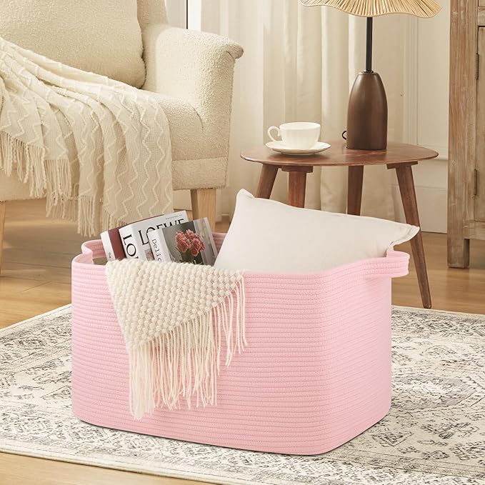 95L Extra Large Blanket Basket, 24" x 16.9" x 14.2" Woven Storage Basket for Living Room, Rectangle Nursery Blanket Storage for Toys, Towels, Dirty Clothes (Pink)