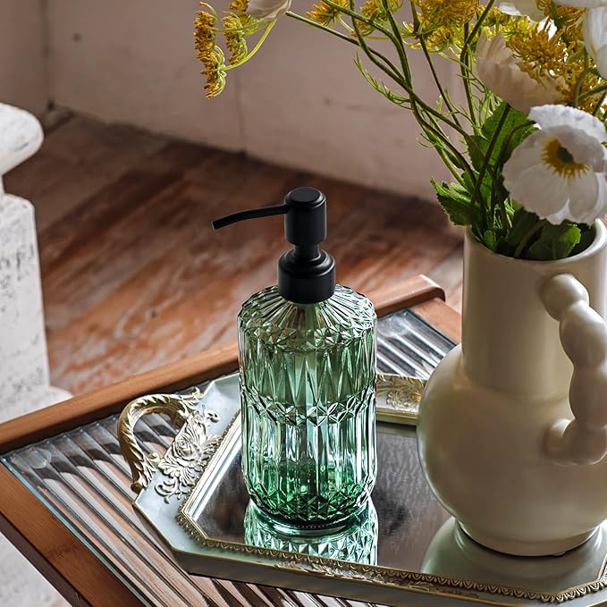 JASAI 18Oz Green Soap Dispenser with Black Rust Proof Pump, Refillable Kitchen soap Dispenser with Thick Glass, Soap Dispenser Bathroom for Hand soap, Dish Soap, Lotion, Body Wash.