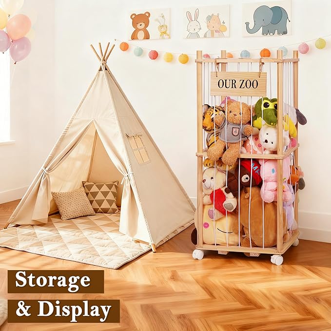 Stuffed Animal Storage Zoo, Wooden Stuffed Animal Organizer with Removable Wheels & 5-Row Elastic Cords, Space-Saving Plush Toy Storage Holder for Playroom, Bedroom, Nursery