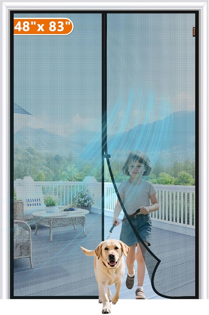 MAGZO Magnetic Screen Door Fit Door Size 48 x 83 Inch, Screen Size 50" x 84" Strong Magnet Mesh with Reinforced Hook & Loop for French, Sliding and Patio Entrances, Black