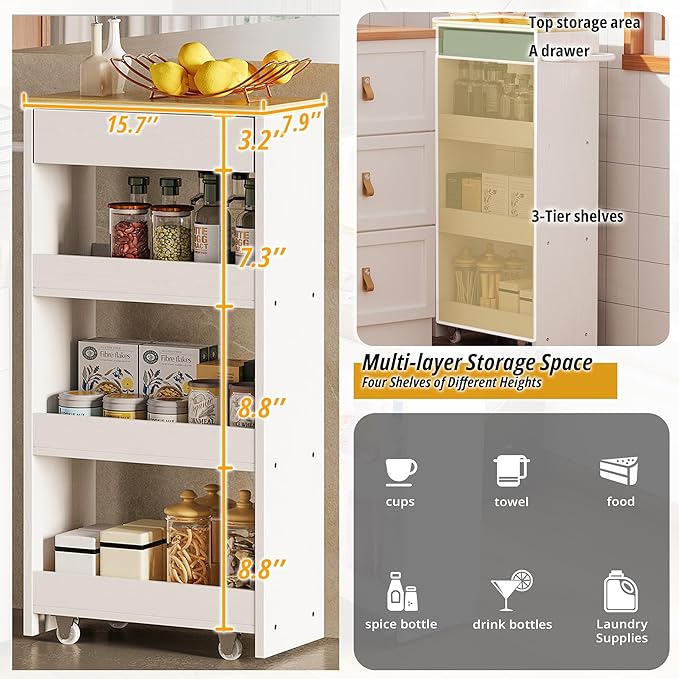 IRONCK Slim Storage Rolling Cart with Drawer and Wheels and Handle, 4 Tier Slide Out Utility Kitchen Cart for Small Spaces Kitchen Laundry Narrow Places, White