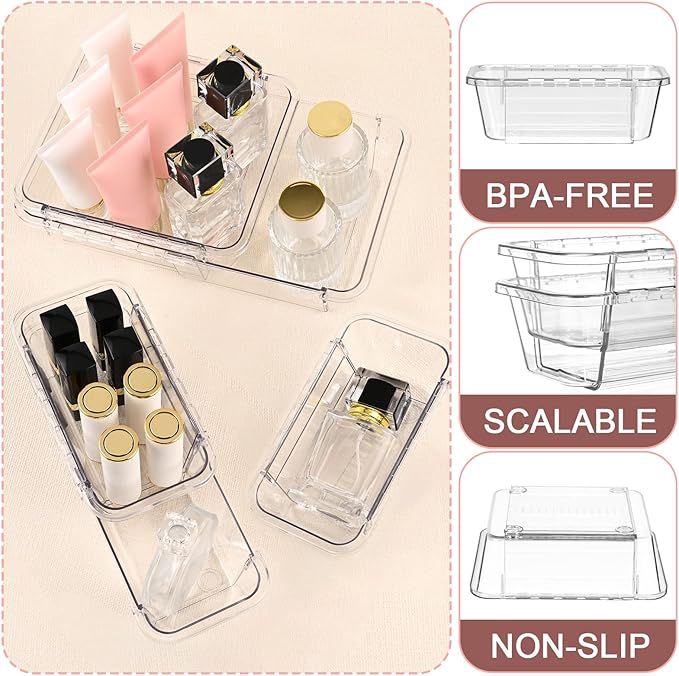 8 Pcs Mixed Extendable Clear Drawer Organizer, All Adjustable Vanity Storage Box, 2-Size Desk Drawer Organizer, Acrylic Storage Bins for Makeup, Cosmetic, Bedroom Dressers Tool Organizer for Gadgets